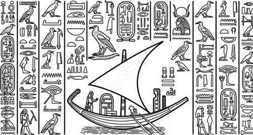 Ancient Egyptian hieroglyphs surrounding a Nile river boat, papyrus sail and crew, historical writing system, cultural art, detailed etching.