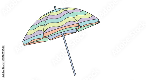 Colorful striped beach umbrella alone.
