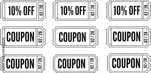 Set of vintage coupon and ticket stubs for marketing and promotional use with perforated edges and retro style border designs.
