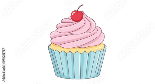 Colorful cupcake with pink frosting topping.