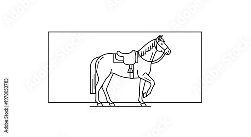 Line Art Drawing of a Saddle Horse Standing Still in Profile