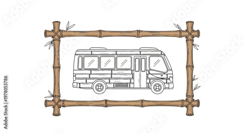 Line Art Drawing of a Vintage Minibus Framed by Bamboo