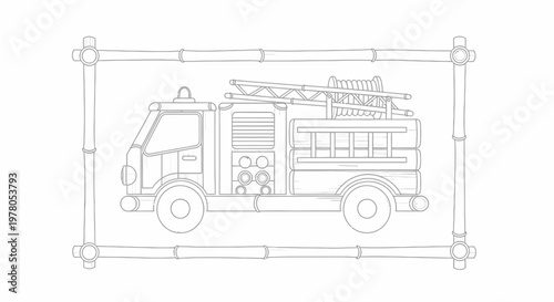 Line Art Fire Truck Illustration in Bamboo Frame