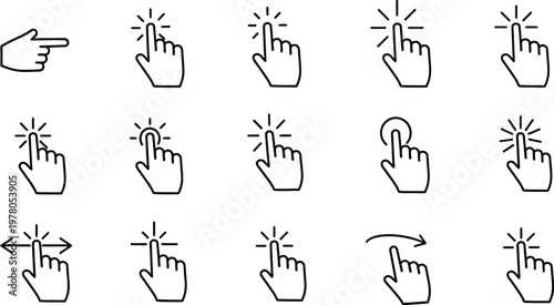 Collection of finger cursor icons indicating various touch gestures and interactions on screen. Pointer hand selecting elements.