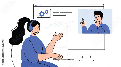 Customer Support Illustration Online Service Representative Providing Video Call Technical Assistance Help Desk Communication and Problem Solving