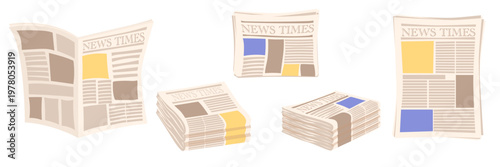 Cartoon vector set of newspaper piles and stacked paper bundles with folded pages and headline areas isolated on white background for daily news media communication journal article magazine design