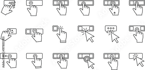 Set of hand cursor icons showing user interactions with digital buttons and interfaces. Pointer pressing buttons and selecting options.