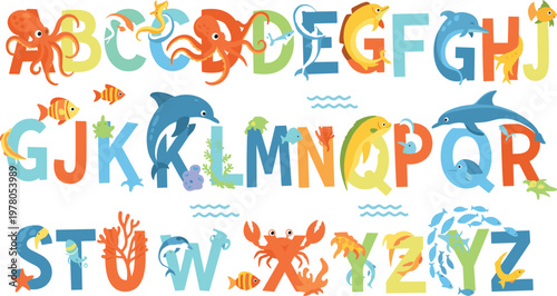 Colorful Marine Alphabet Vector Illustration with Sea Animals Letters A to Z Featuring Fish Dolphin Octopus Crab Turtle and Coral Elements for Kids Learning.