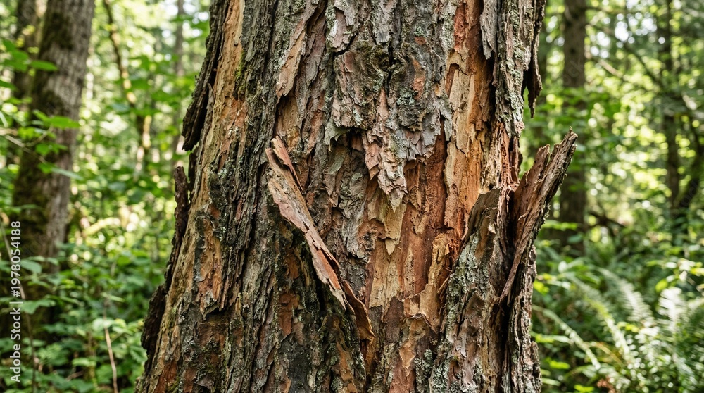 Obraz premium Close-up of rough, textured tree bark with peeling sections in a lush green forest.