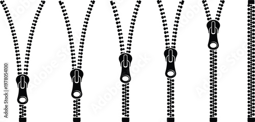 Collection of zipper elements in different open and closed positions isolated on white background for fashion design use