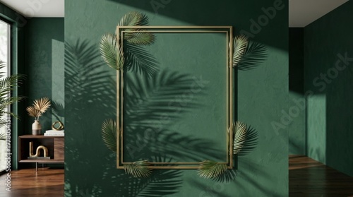 Minimalist Green Interior with Gold Frame and Palm Leaves