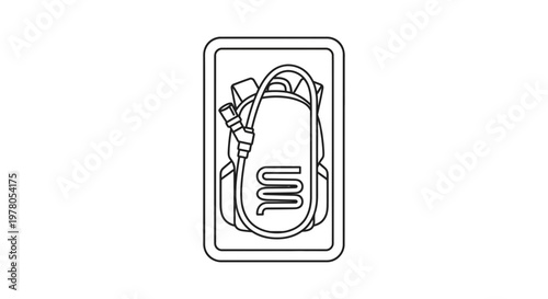 Hydration Pack Icon: Water Bladder with Tube and Mouthpiece, Outline Graphic