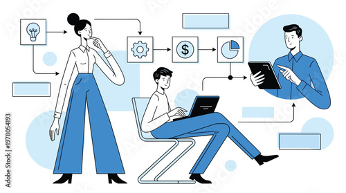 Business strategy workflow process with team collaboration ideas implementation gears money analytics results professional workplace modern illustration