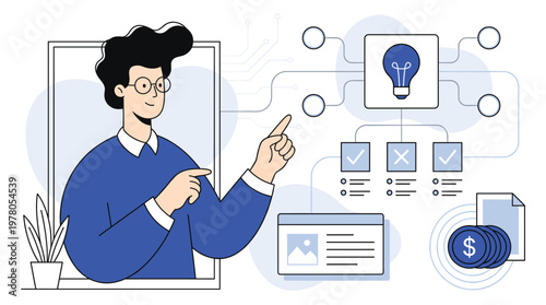 Business decision making strategy planning with ideas evaluation options analysis financial goals money management productivity illustration