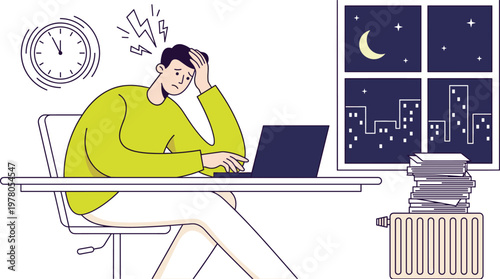 Late night work overtime stress deadline pressure burnout exhaustion time management workload cityscape office employee fatigue illustration