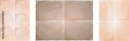 Antique grunge parchment texture collection. Vintage old crumpled paper sheet set isolated on transparent background,