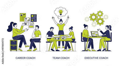 Career coach team coach executive coach professional development mentoring guidance leadership training business consulting services illustration