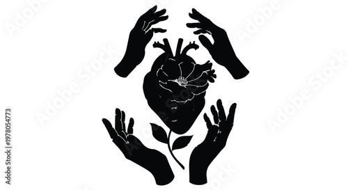 Symbolic illustration of hands gently protecting a blooming heart and plant
