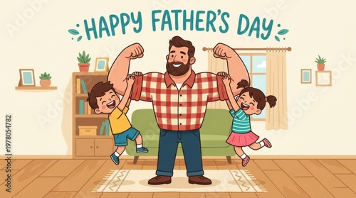 Strong Father Holding Happy Son and Daughter Illustration