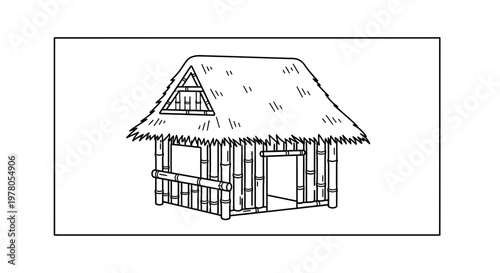 Hand-drawn Bamboo Hut with Thatched Roof and Open Design