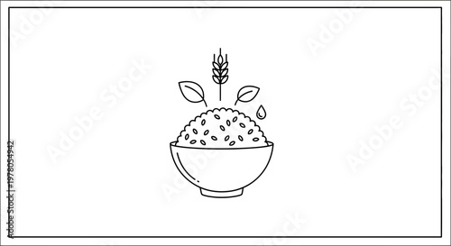 Hand-drawn illustration of a bowl of rice with wheat stalk and leaves, representing healthy food and organic ingredients.