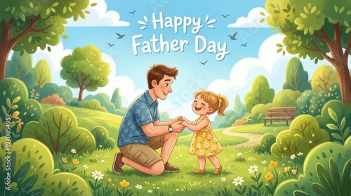 Happy Father and Young Daughter Enjoying Nature Park