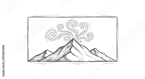 Hand-drawn illustration of a smoking volcano erupting with swirling steam, set against a mountain range.