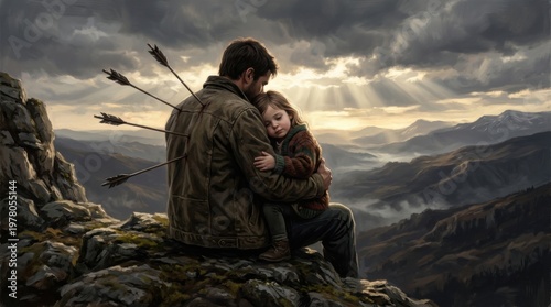 Man Comforting Child in Vast Mountain Landscape