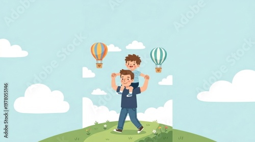 Happy Father and Son Standing on Green Hill