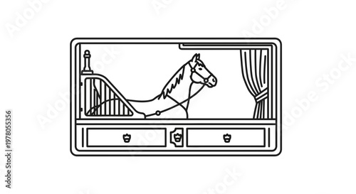 Equestrian Horse in Stable Stall with Curtains and Drawers - Line Art Illustration