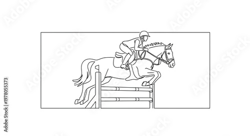 Equestrian Rider and Horse Jumping Over Obstacle in Outline Style