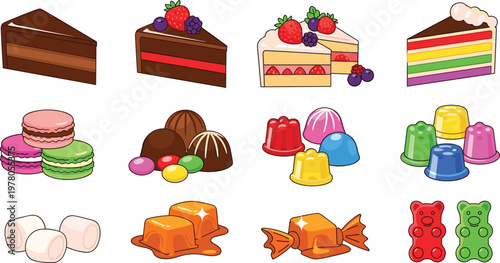 Delicious Sweets and Dessert Vector Set Featuring Cakes, Candies, Gummy Bears, Macarons, and Jelly for Food, Dessert, and Candy Designs