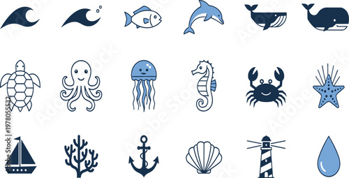 Marine Icon Set with Ocean Animals Waves Whale Dolphin Turtle Octopus Jellyfish Seahorse Crab Starfish Anchor and Nautical Symbols in Flat Vector Style.