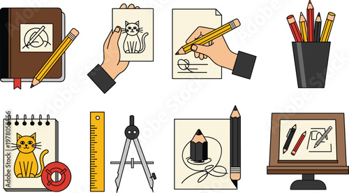 Drawing and Art Supplies Vector Set Featuring Pencils, Sketchbooks, Rulers, and Drafting Tools for Creative, Artistic, and Design Projects