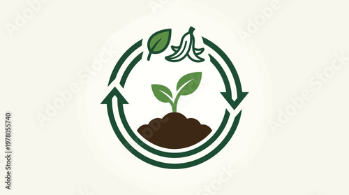 Composting Process Symbol with Plant Leaves and Banana Peel