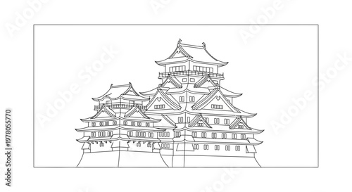 Japanese Castle Outline Drawing, Traditional Architecture, Historic Landmark, Vector Illustration
