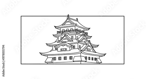 Japanese Castle Sketch - Traditional Architecture Outline Drawing