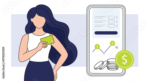 Woman using digital mobile payment application with credit card showing financial transactions, savings growth, and money management features illustration