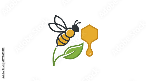 Bee and Honeycomb Symbol on White Background