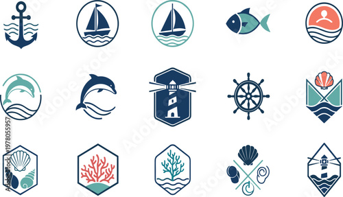 Marine Nautical Badge and Icon Set with Anchor, Lighthouse, Dolphin, Coral, and Sailboat Symbols, Modern Ocean Emblem Vector Collection for Branding and Design Use.