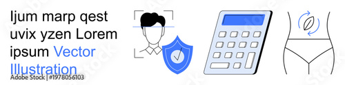 Identity protection, cybersecurity, financial tools, body wellness, authentication, data privacy. Person with shield, calculator and body outline. Identity protection and cybersecurity concept