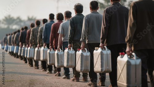 Long line of people holding fuel jerry cans at gas station during shortage