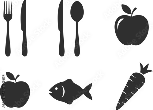 Black silhouettes of cutlery and fresh food isolated on white background