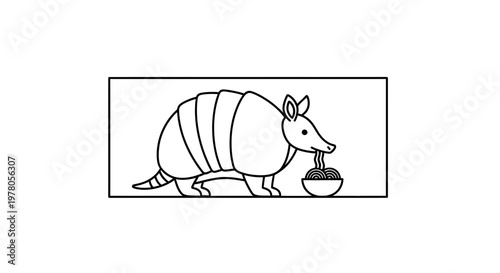 Cute Armadillo Eating Spaghetti from Bowl, Outline Drawing, Funny Animal Illustration
