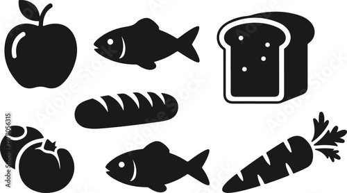 Black silhouette icons of various healthy food isolated on white background