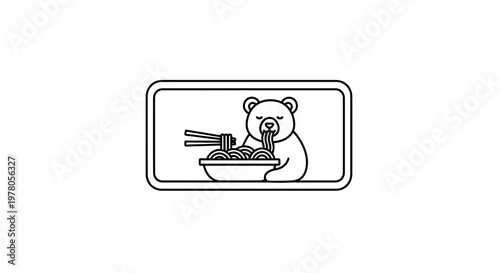 Cute Bear Eating Noodles with Chopsticks - Minimalist Line Art Icon