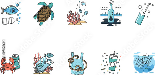Ocean Pollution Vector Illustration Set with Marine Animals Plastic Waste Bottles Cans Coral Damage and Environmental Conservation Concept in Flat Style.