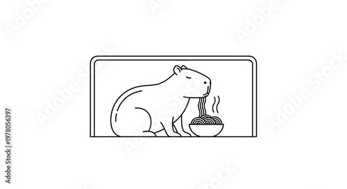 Cute Capybara Eating Noodles in Minimalist Line Art Style