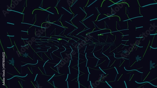 Digital abstract swirl pattern with green and teal lines