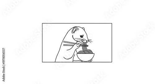 Cute cartoon weasel eating noodles with chopsticks from a bowl, line art illustration
